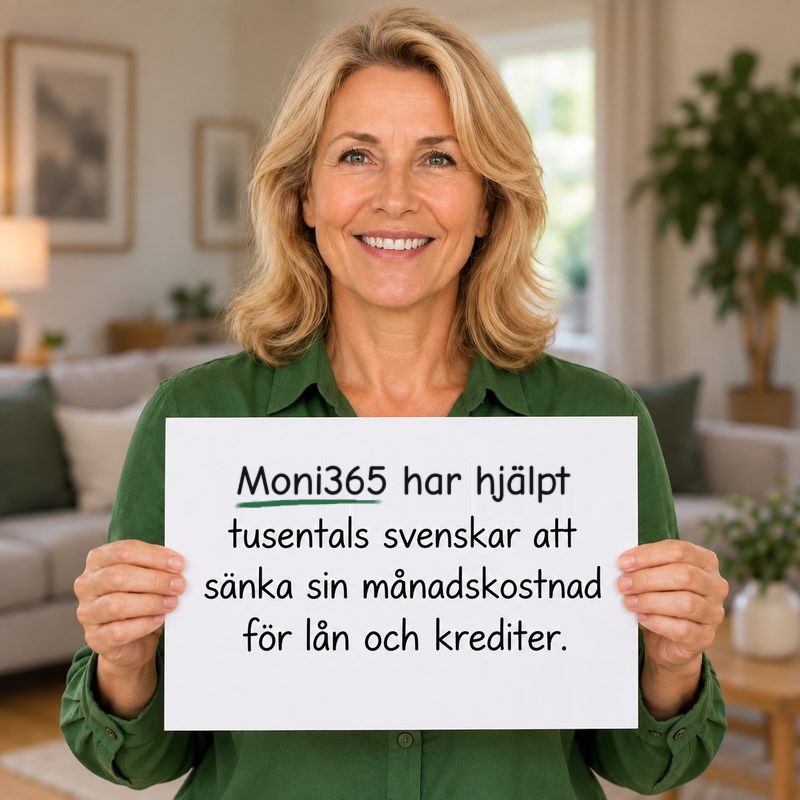 Kvinna som håller en skylt: Moni365 har hjälpt tusentals svenskar att sänka sin månadskostnad för lån och krediter.
